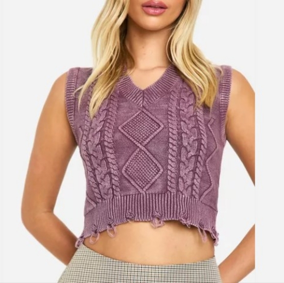 Boohoo Muave Acid Washed Cable Knit V-neck Tank Top - Picture 6 of 7